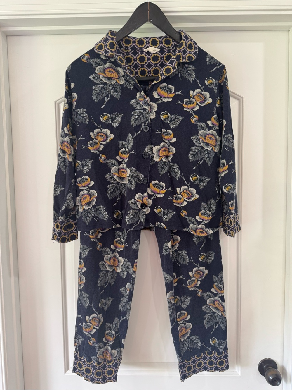 Vera Bradley Navy Floral Button-Front Pajama Set with Cream & Yellow Flowers
